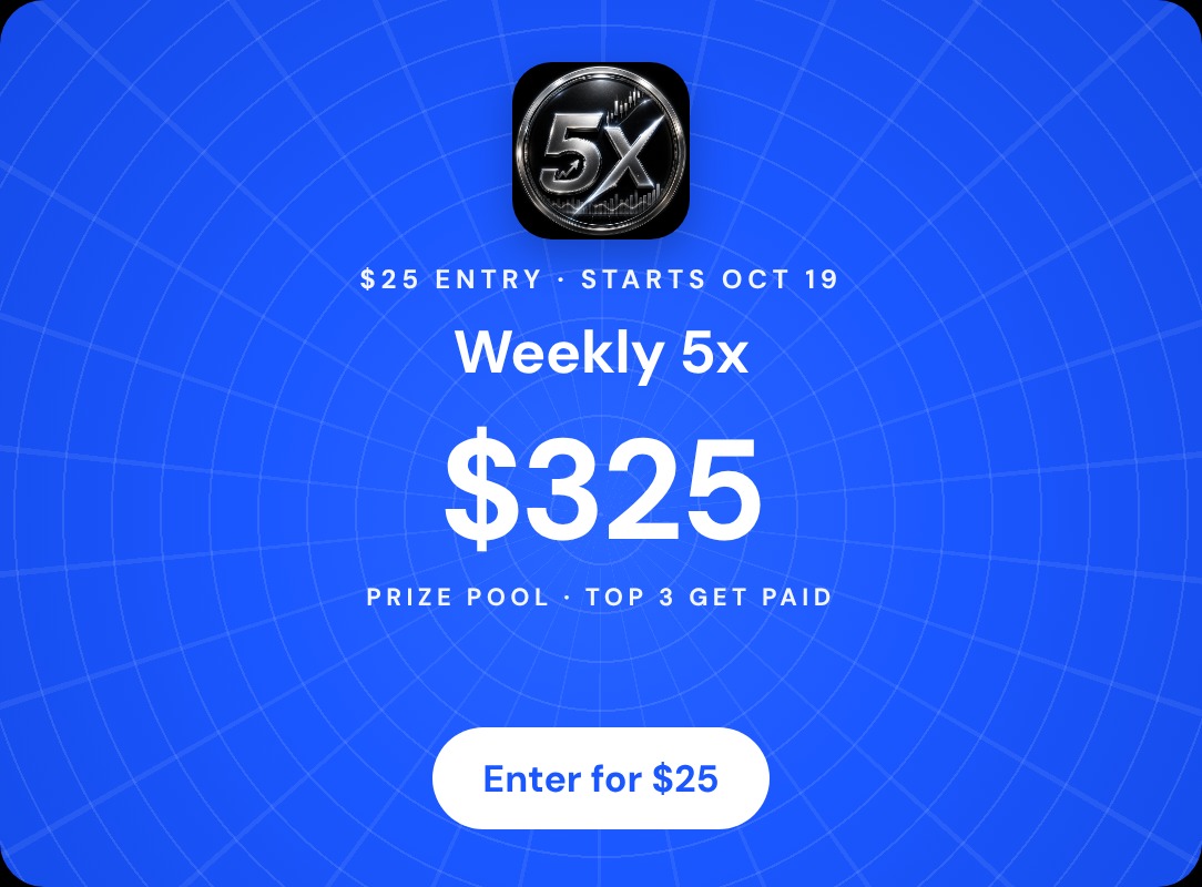 Upcoming tournaments: Crypto Money ($1 entry, starts Oct 18, $5 prize pool), Weekly 5x ($25 entry, starts Oct 19, $325 prize pool), The Man in the Arena (free, starts Oct 19, $100 prize pool). Tap to enter on GameStock.